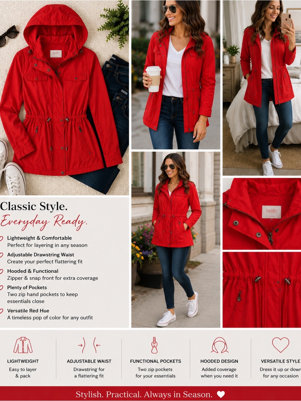 Laundry By Shelli Segal Coral Red Hooded Utility Jacket | Size M | Zip-off Hood